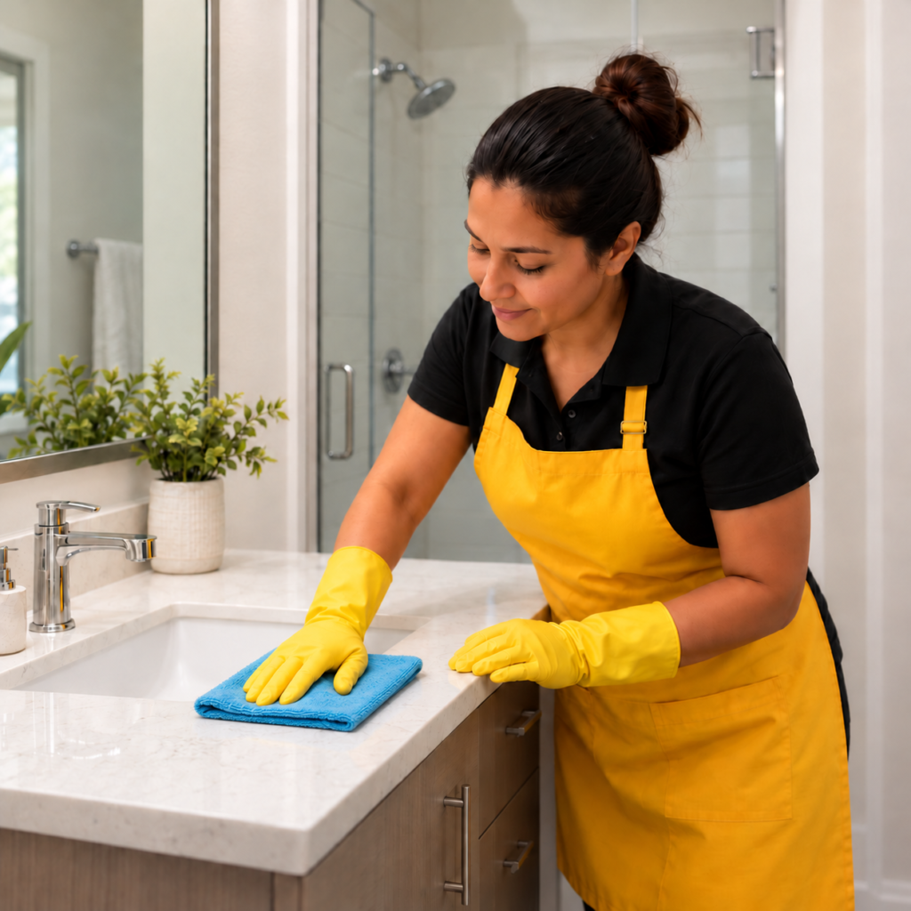 Professional cleaner wearing a yellow apron and gloves wiping a bathroom countertop with a blue microfiber cloth.
