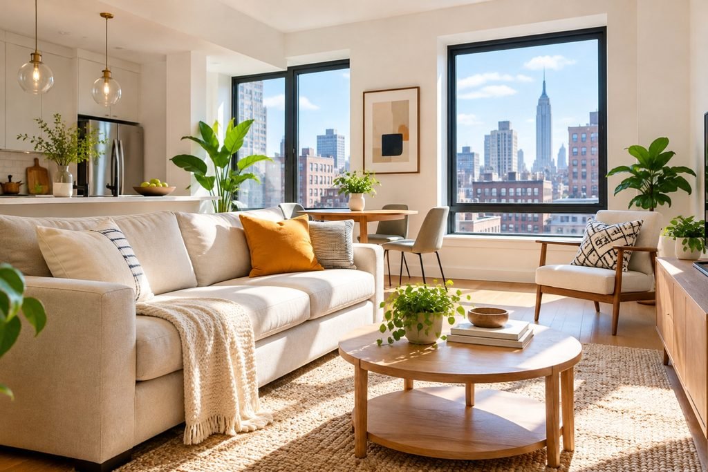 Bright, spotless NYC apartment living room with modern furniture, large windows, and natural sunlight.