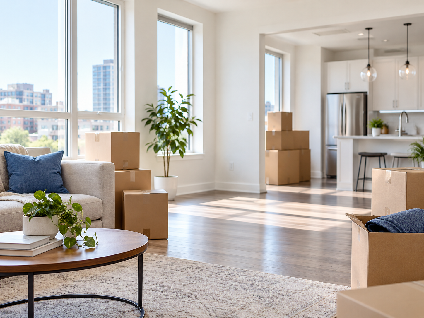 Bright NYC apartment with moving boxes, clean wooden floors, and large windows.