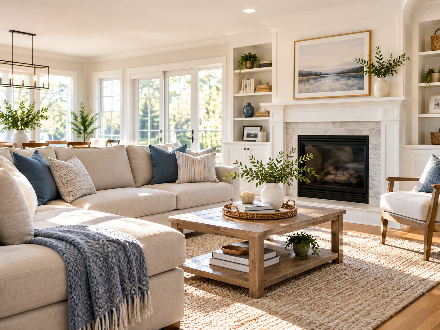 Bright and organized living room with a beige sectional sofa, fireplace, indoor plants, and natural sunlight.