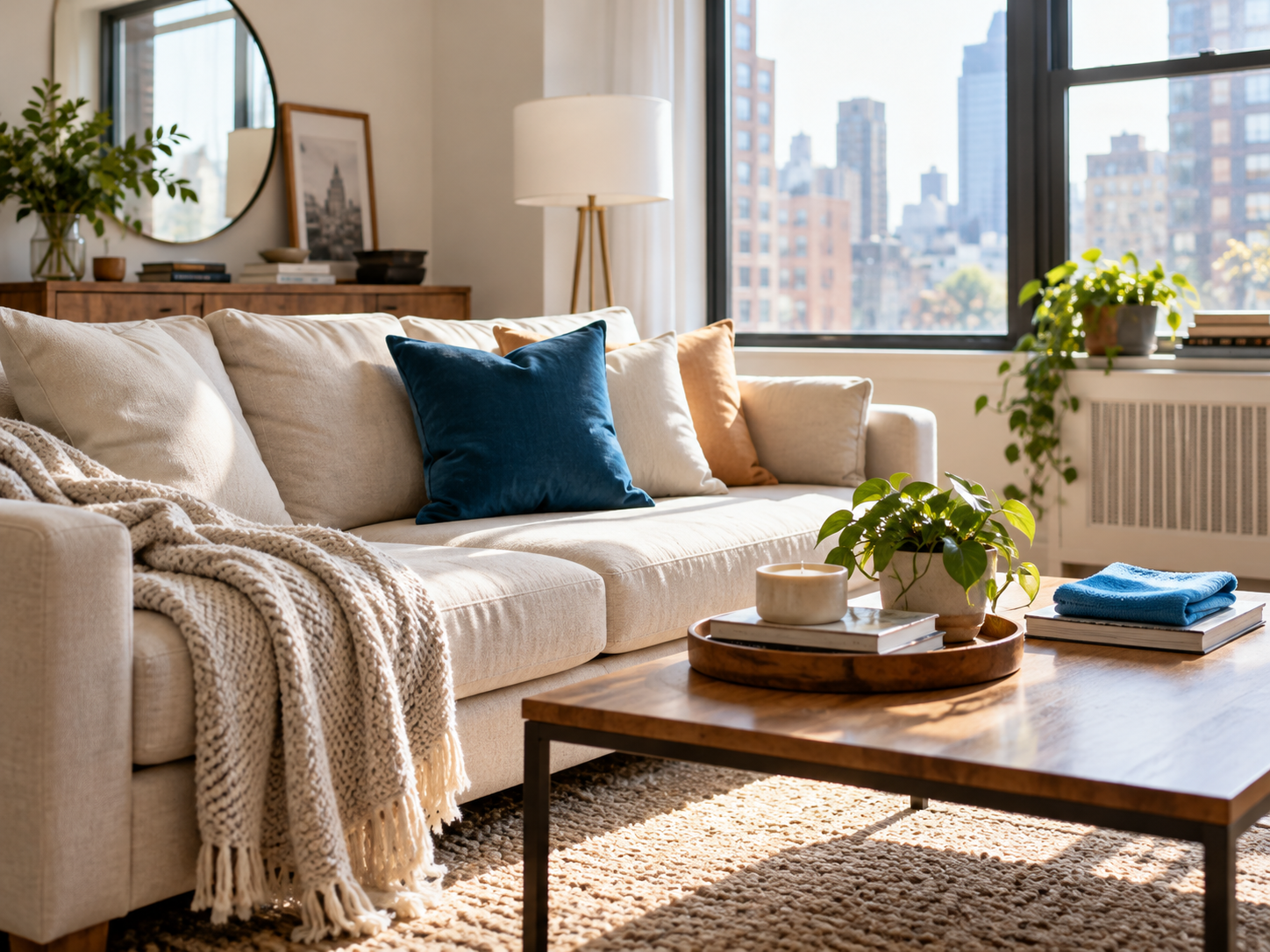 Clean and organized NYC apartment living room with a beige sofa, blue pillows, and natural sunlight.